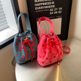 Women embroidery Heart Print drawstring pink handbag single shoulder crossbody bucket bag