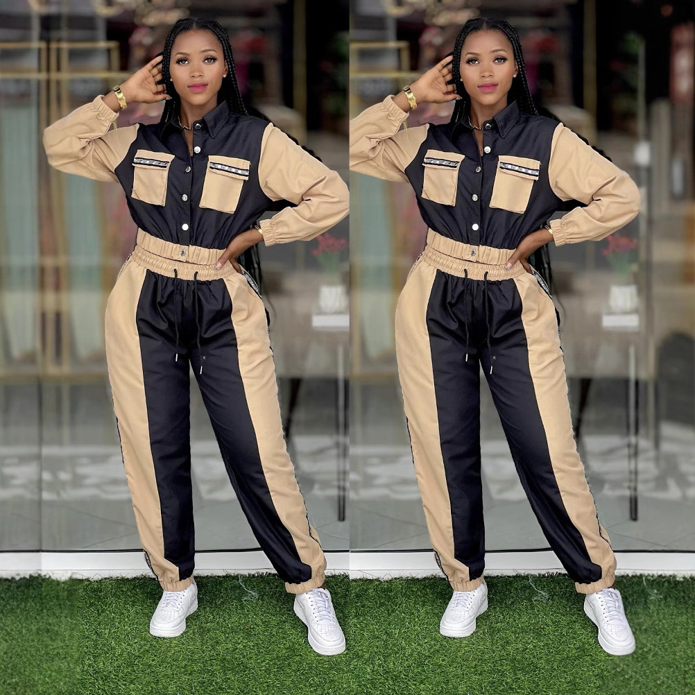 Women color matching Top and multi-pocket trousers Casual Two Piece Set