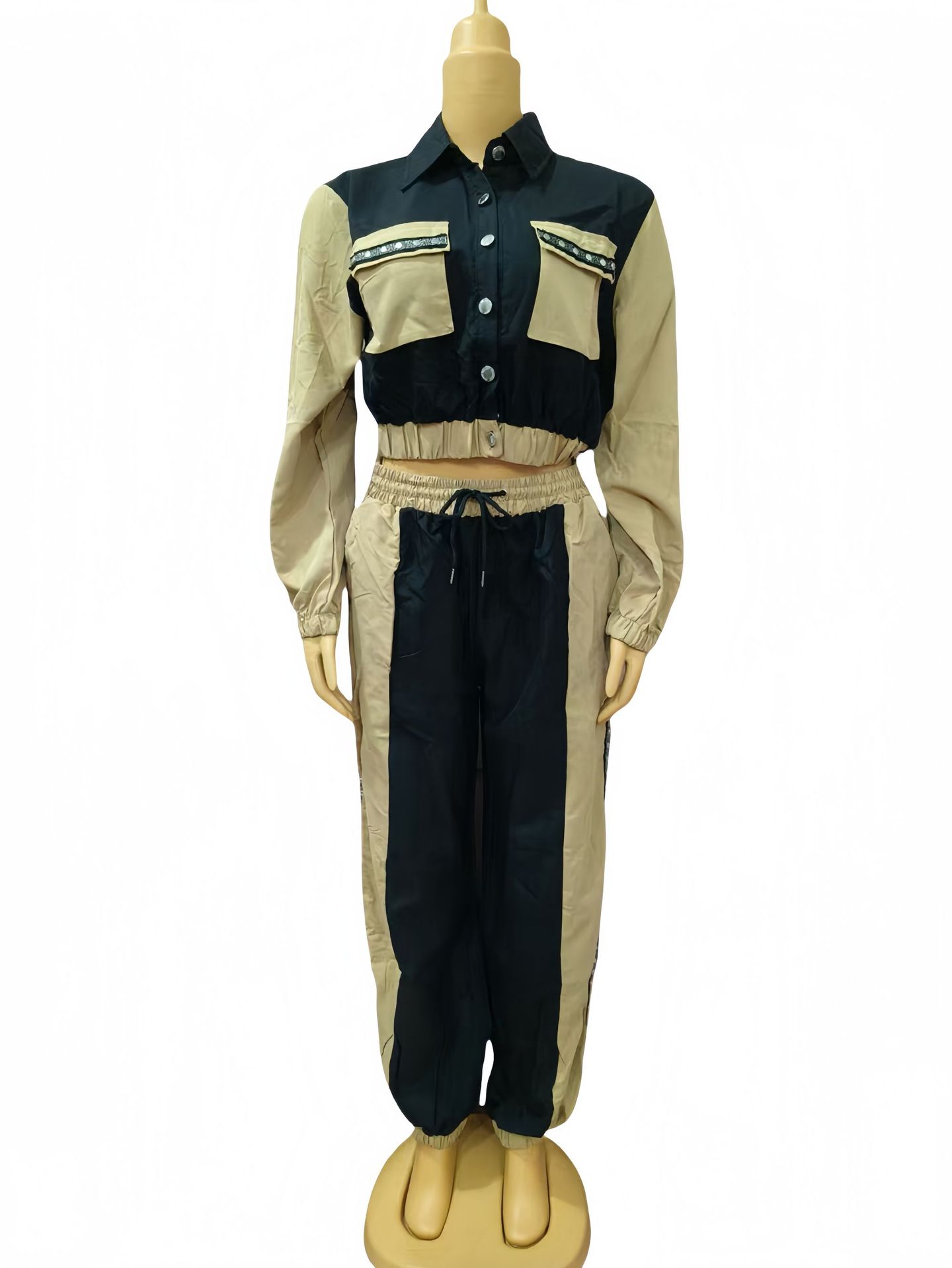 Women color matching Top and multi-pocket trousers Casual Two Piece Set