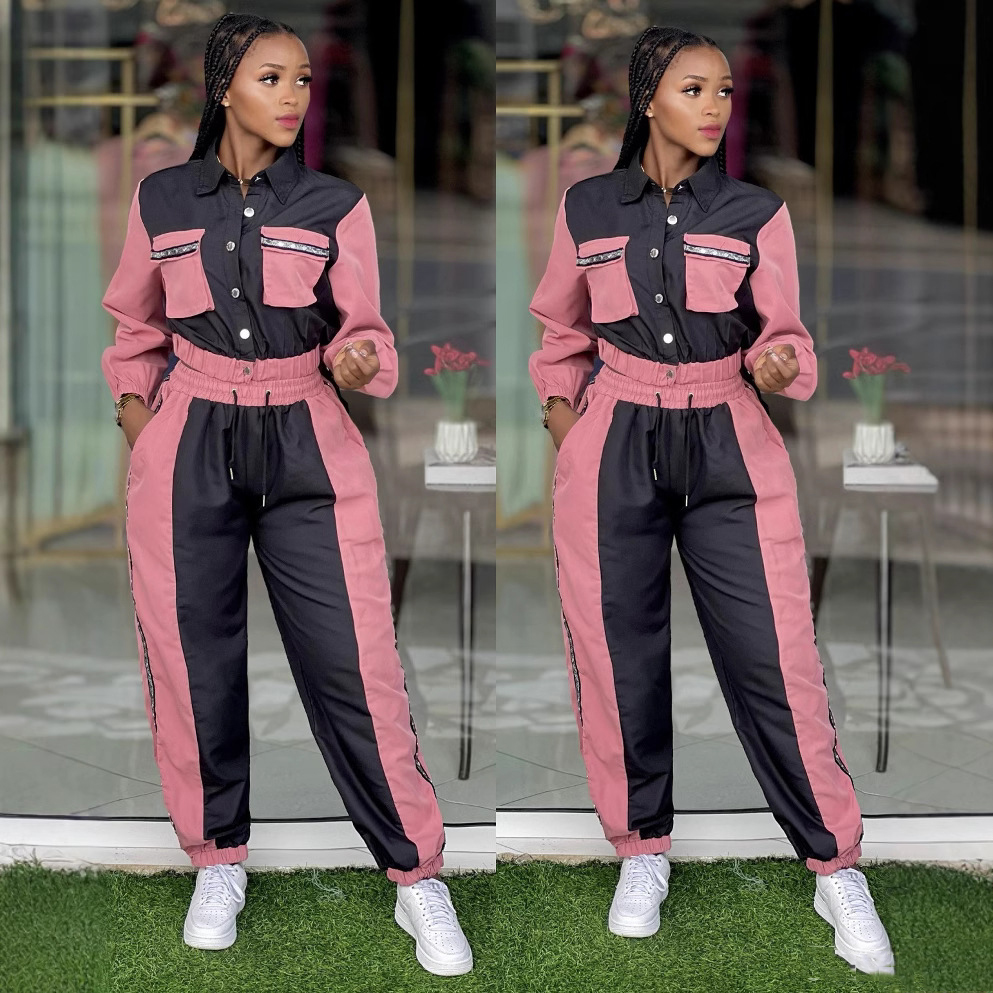 Women color matching Top and multi-pocket trousers Casual Two Piece Set