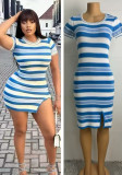 Women summer slit contrast stripe round neck short sleeve bodycon knitting dress