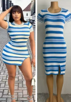 Women summer slit contrast stripe round neck short sleeve bodycon knitting dress Women summer slit contrast stripe round neck short sleeve bodycon knitting dress