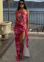 Women Summer Sexy Irregular Halter Neck Contrast Lace-Up Slit Dress