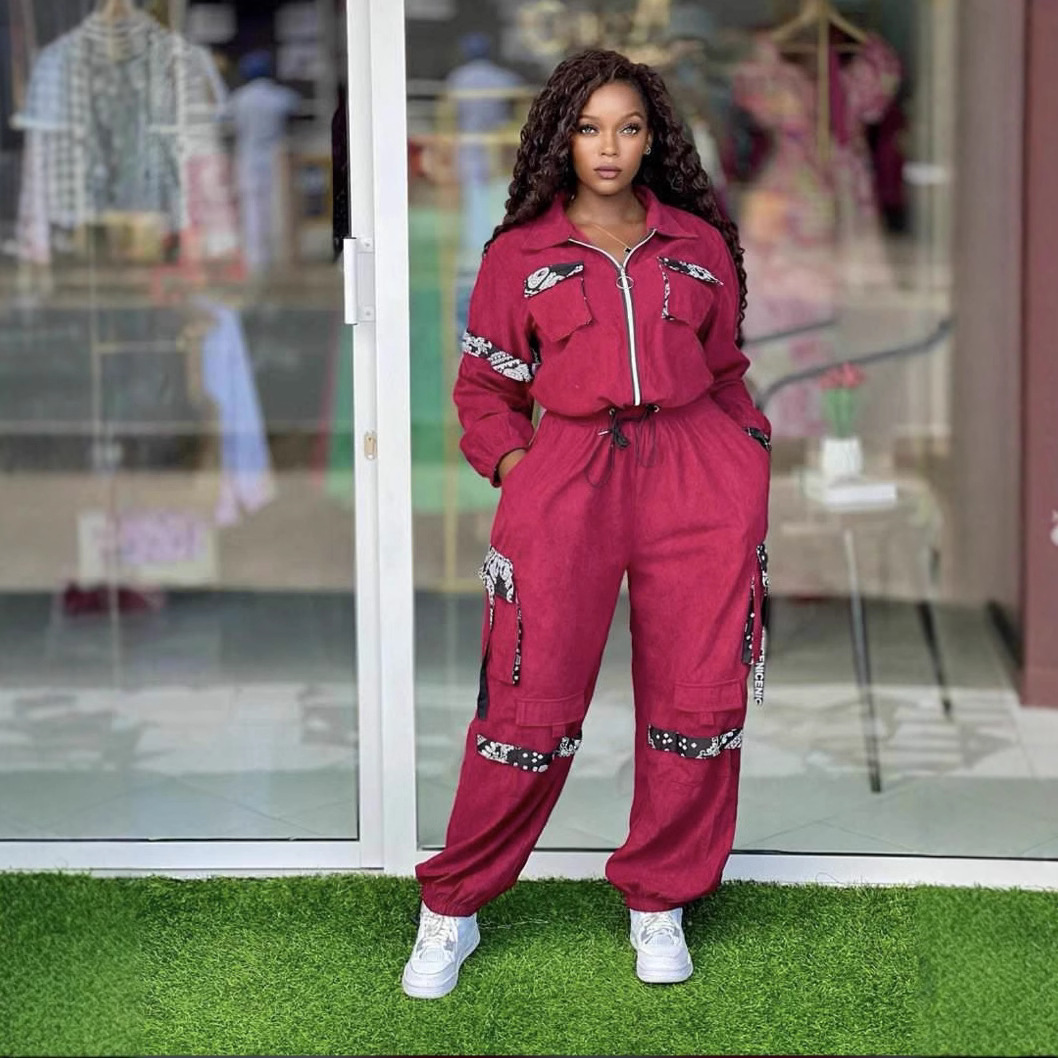 Plus Size Women Colorblock Top and Cargo Trousers Casual Two Piece Set