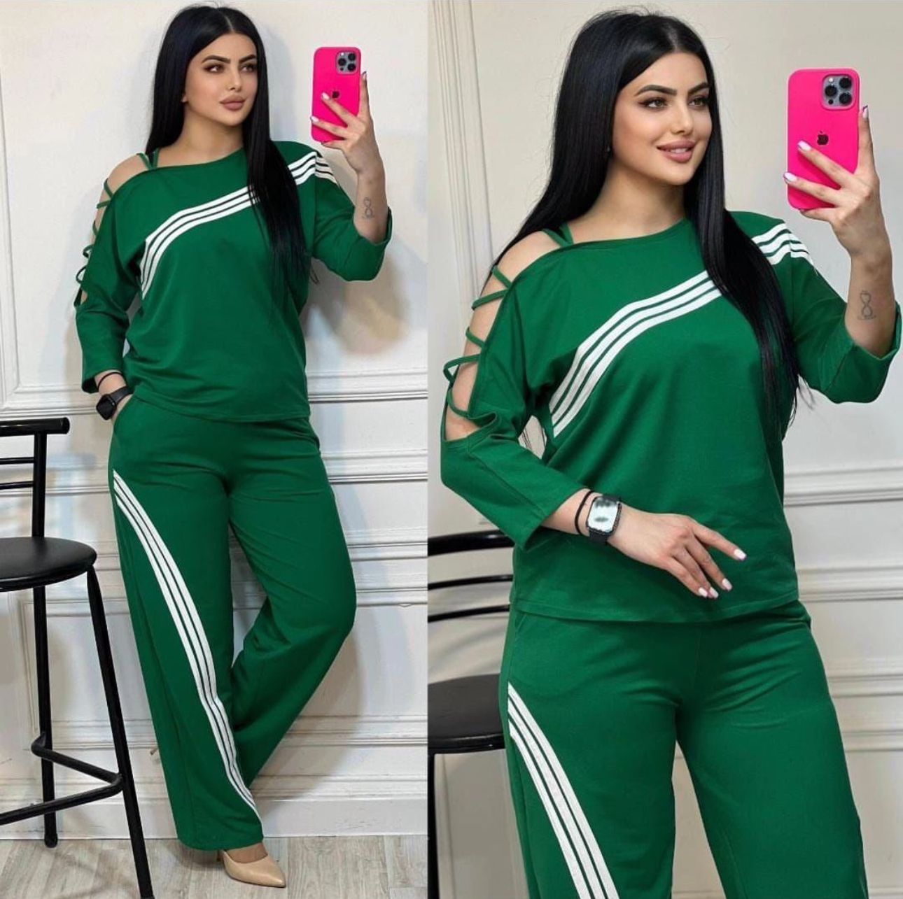 Women Twill color matching Casual Top and trousers Two Piece Set