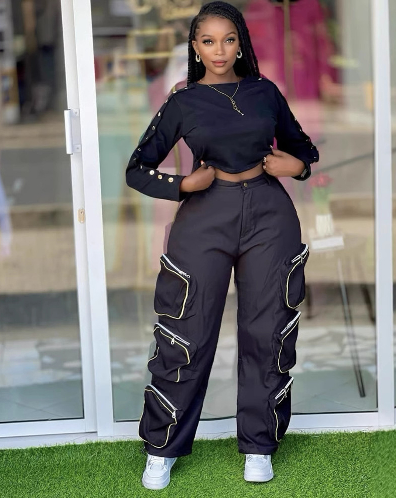 African Women Top and Cargo trousers Casual Two Piece Set