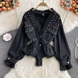 Women Autumn and Winter V-Neck Beaded Denim Top