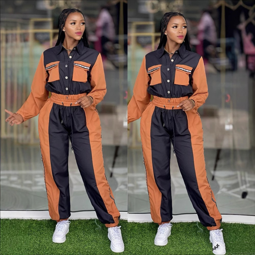 Women color matching Top and multi-pocket trousers Casual Two Piece Set