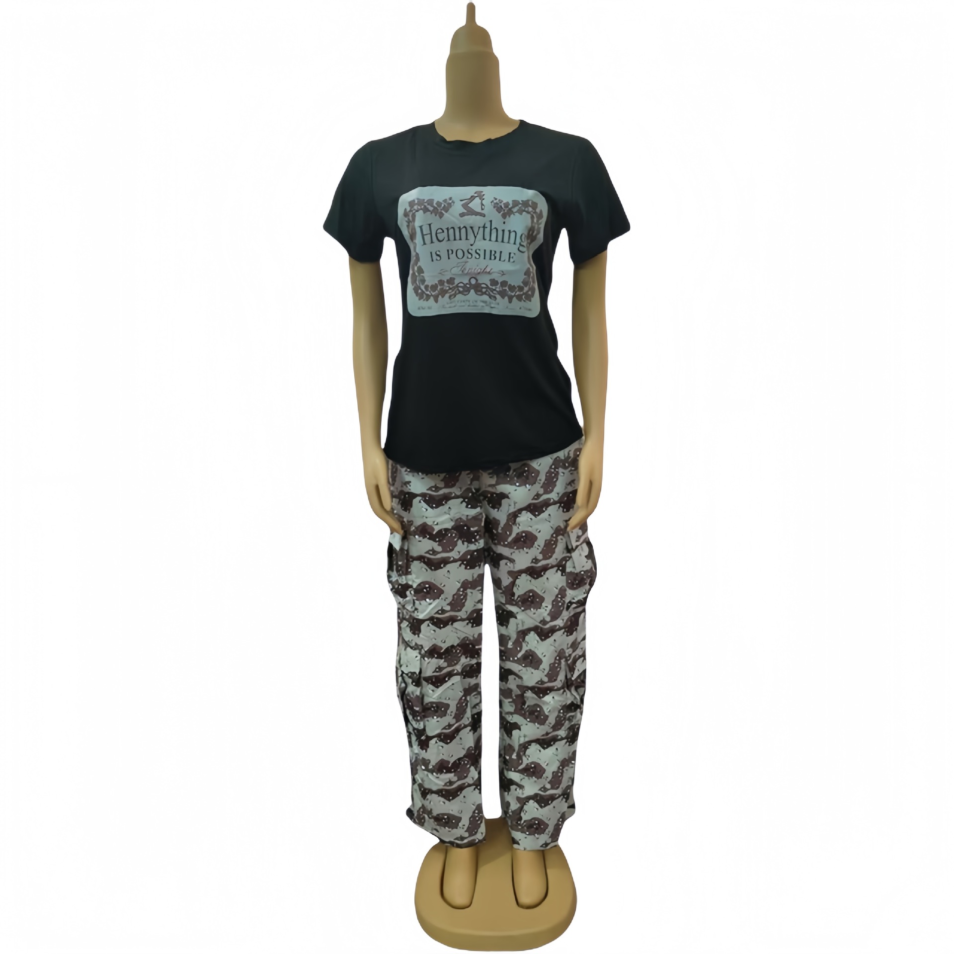 Women Plus Size Round Neck short-sleeved T-shirt camouflage trousers Casual sports Two Piece Set