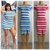 Women summer slit contrast stripe round neck short sleeve bodycon knitting dress
