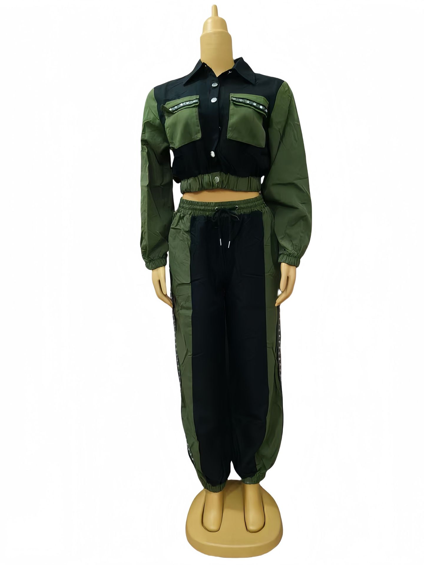 Women color matching Top and multi-pocket trousers Casual Two Piece Set