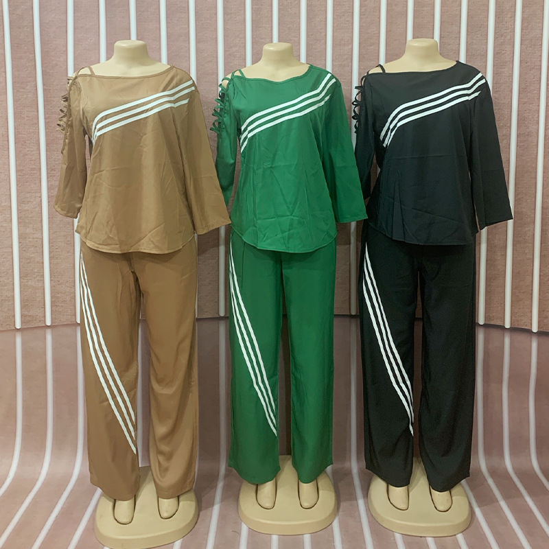 Women Twill color matching Casual Top and trousers Two Piece Set