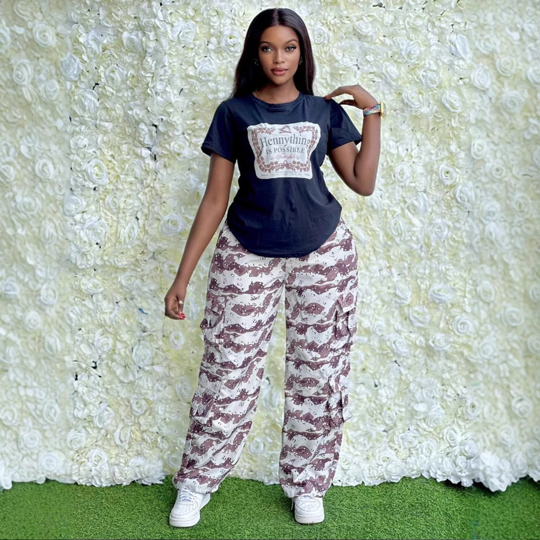Women Plus Size Round Neck short-sleeved T-shirt camouflage trousers Casual sports Two Piece Set