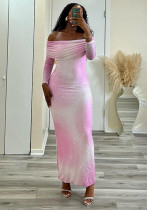 Women Elegant Shiny Gradient Off Shoulder Bodycon Dress