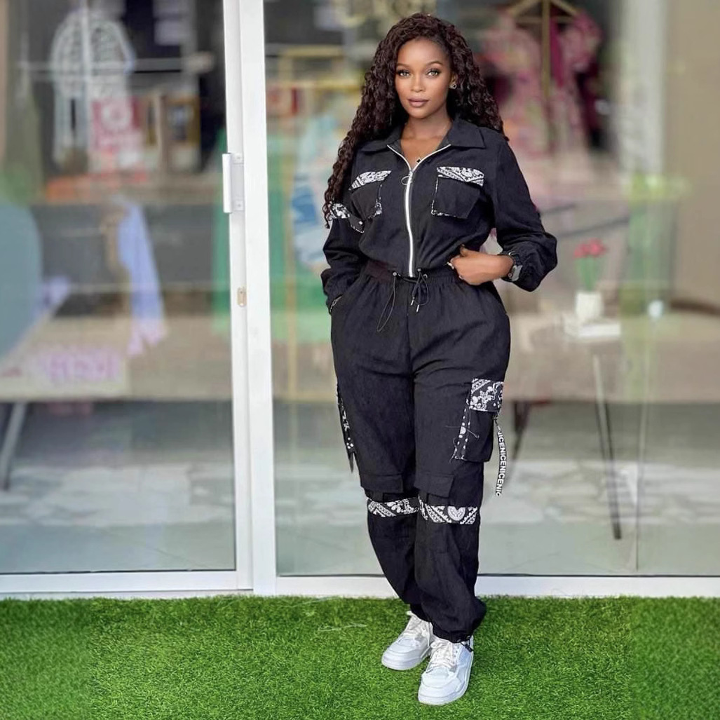 Plus Size Women Colorblock Top and Cargo Trousers Casual Two Piece Set