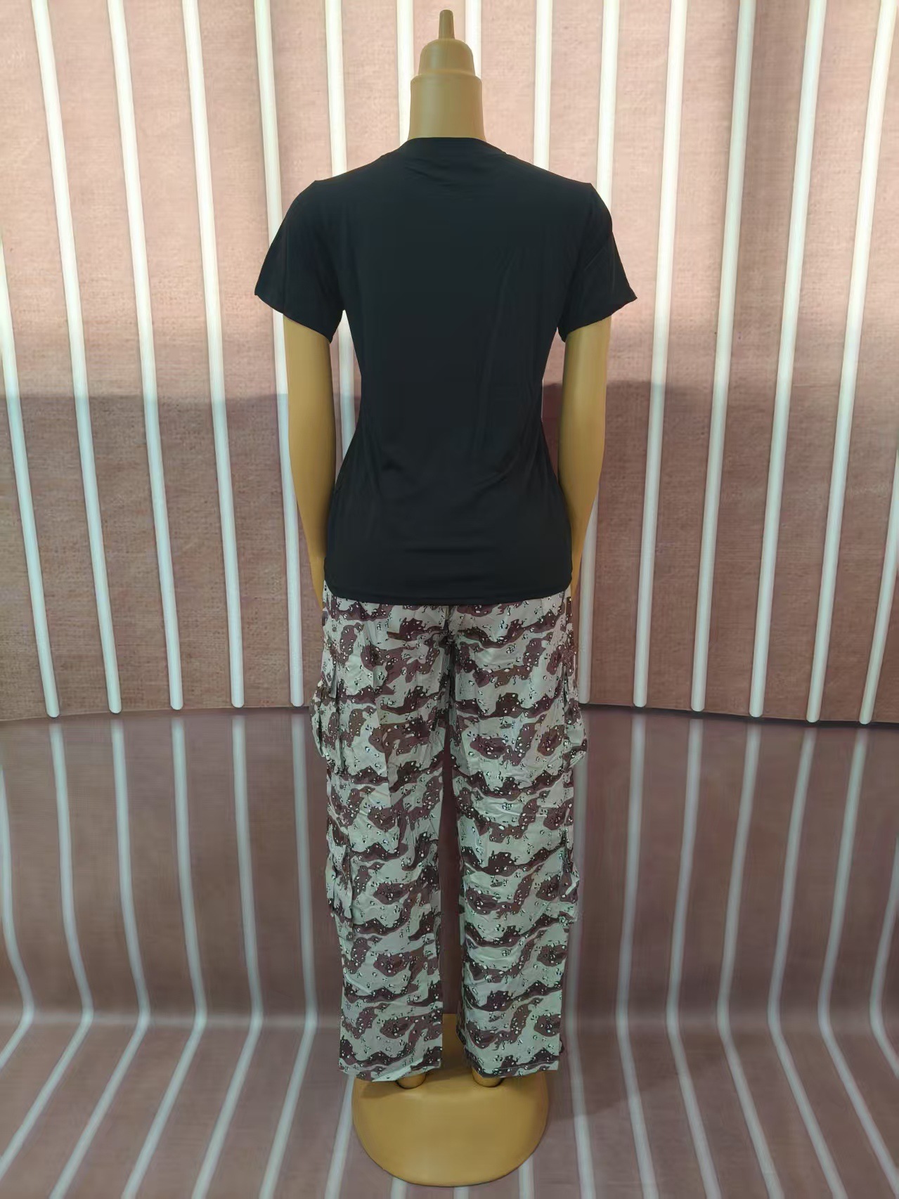 Women Plus Size Round Neck short-sleeved T-shirt camouflage trousers Casual sports Two Piece Set