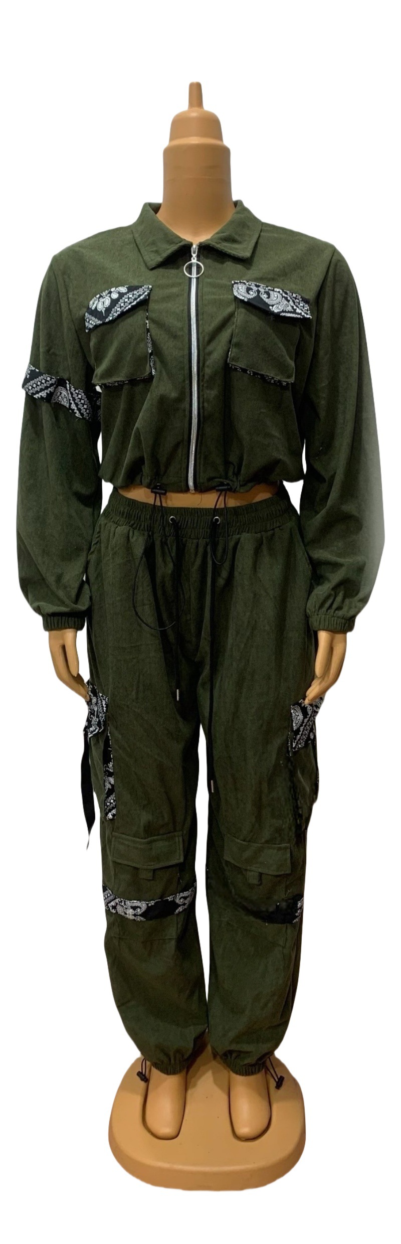 Plus Size Women Colorblock Top and Cargo Trousers Casual Two Piece Set