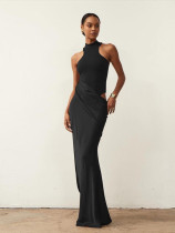 Women Summer Half-High Neck Sexy Sleeveless Patchwork Hollow Dress