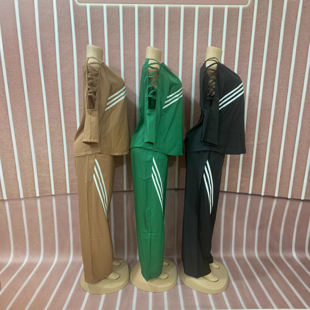 Women Twill color matching Casual Top and trousers Two Piece Set