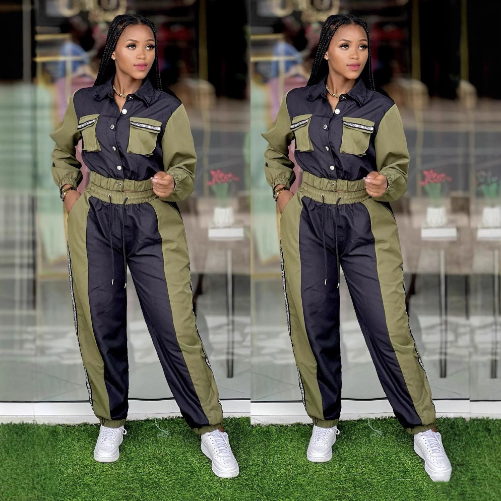 Women color matching Top and multi-pocket trousers Casual Two Piece Set