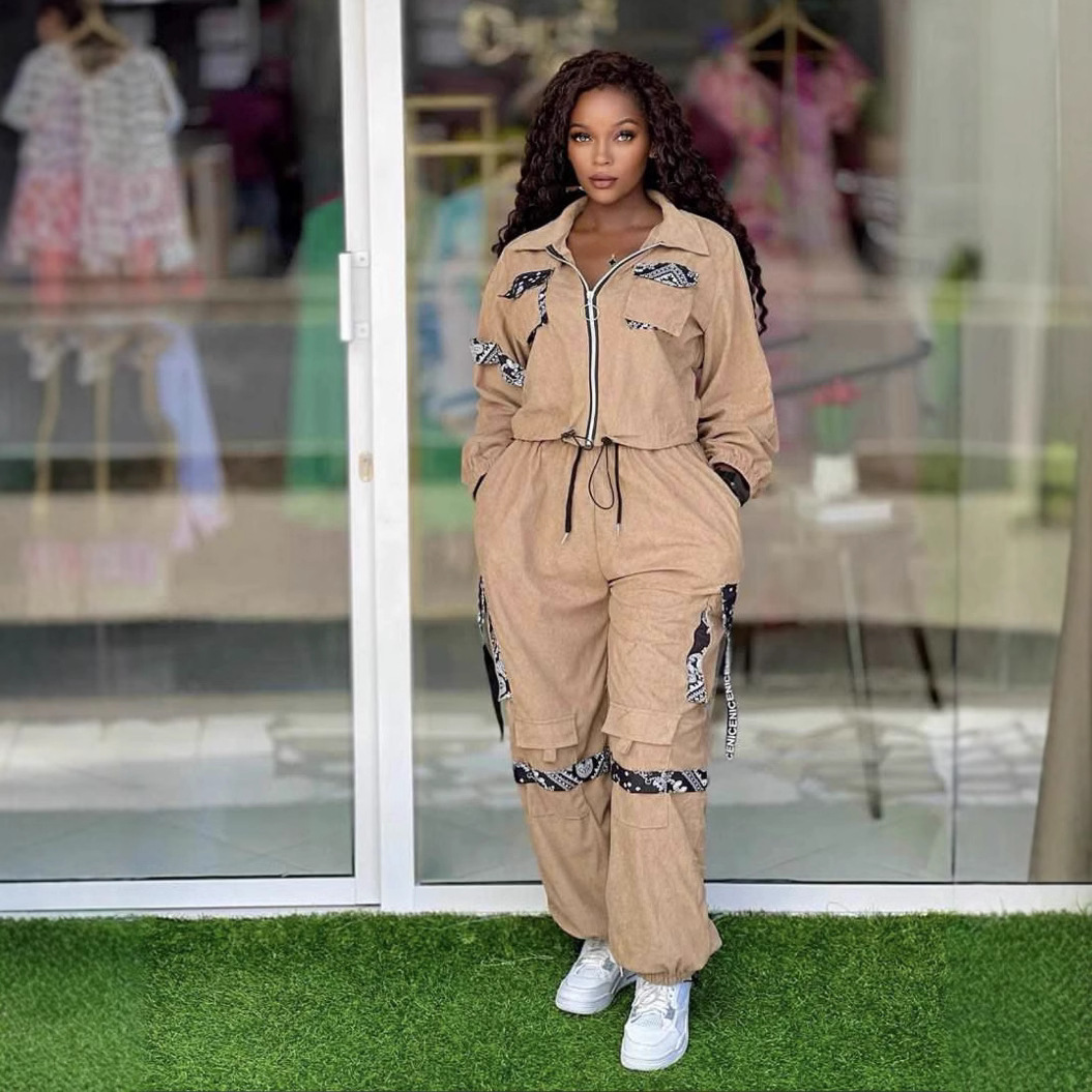 Plus Size Women Colorblock Top and Cargo Trousers Casual Two Piece Set