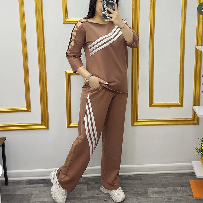 Women Twill color matching Casual Top and trousers Two Piece Set