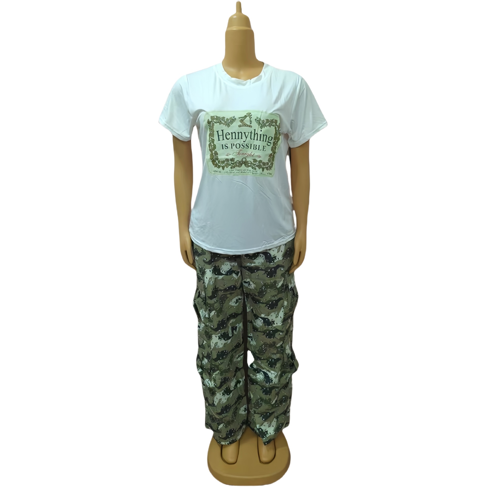 Women Plus Size Round Neck short-sleeved T-shirt camouflage trousers Casual sports Two Piece Set