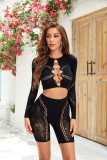 Women Autumn Hollow Long Sleeve Top and Shorts Sexy Two Piece Set