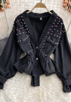 Women Autumn and Winter V-Neck Beaded Denim Top