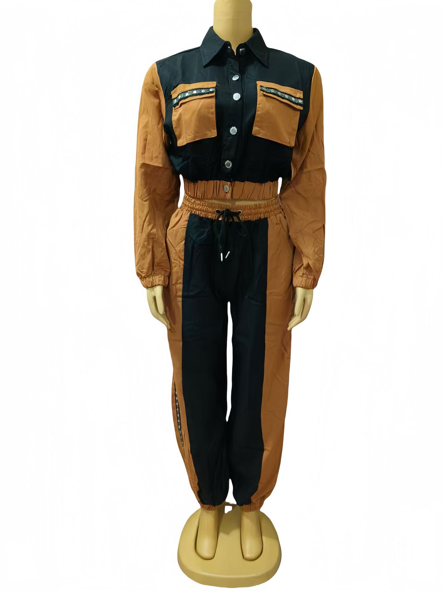 Women color matching Top and multi-pocket trousers Casual Two Piece Set