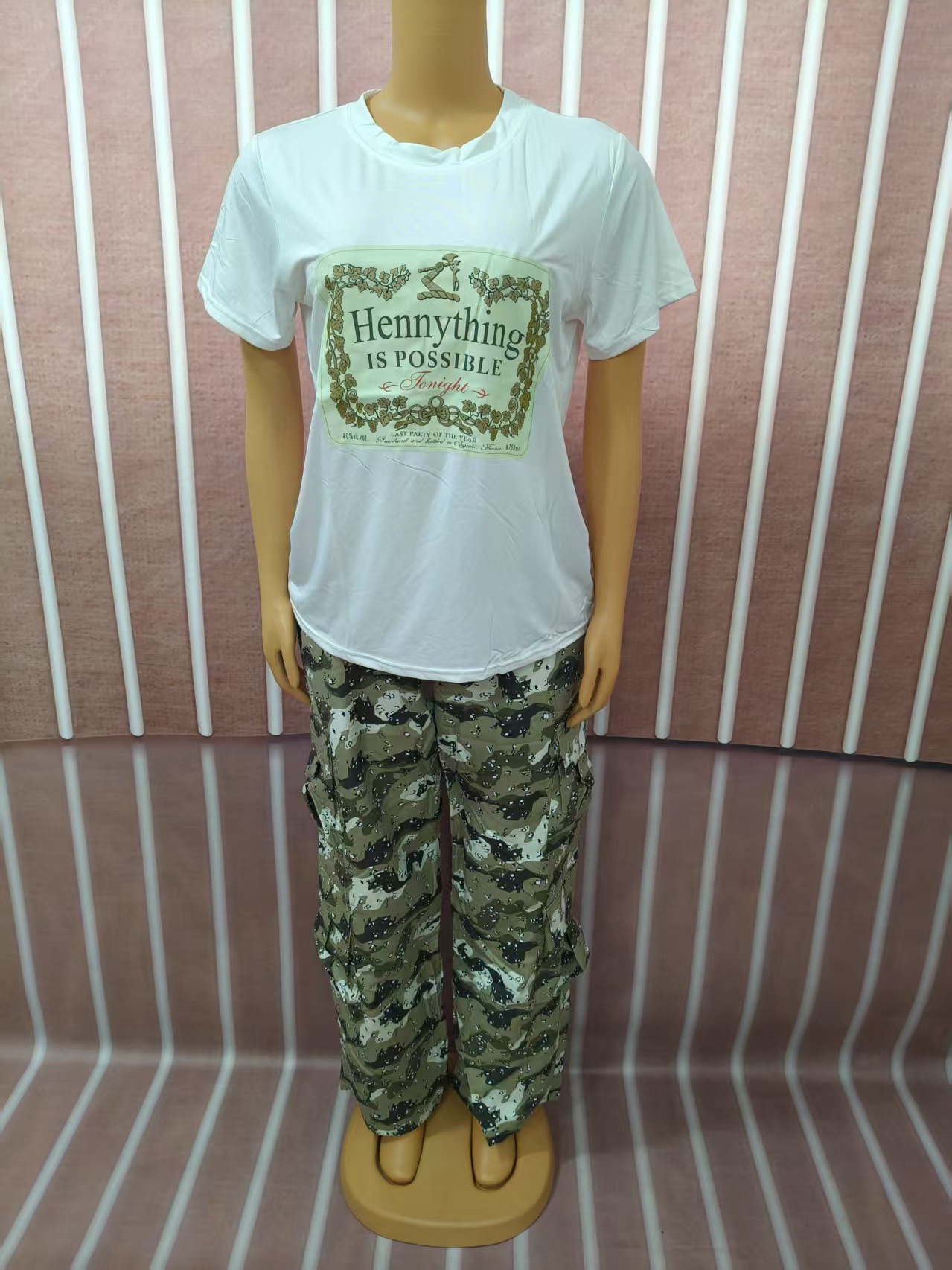 Women Plus Size Round Neck short-sleeved T-shirt camouflage trousers Casual sports Two Piece Set