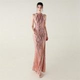 Sequin Beaded Off-Shoulder Halter Fishtail Evening Dress