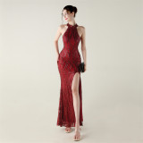 Sequin Beaded Halter Neck High Slit Fishtail Formal Party Dress