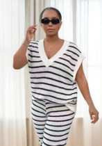 Early Autumn Striped V-Neck Loose Knit Two Piece Pants Set Early Autumn Striped V-Neck Loose Knit Two Piece Pants Set