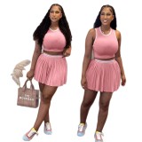 Women's Sleeveless Pleated Vest and Skirt Casual Set