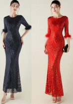 Sequin Feather Half Sleeve Fishtail Evening Gown