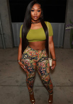 Women's Spring-Summer Graphic Print Crop Top with Tight Pants Set
