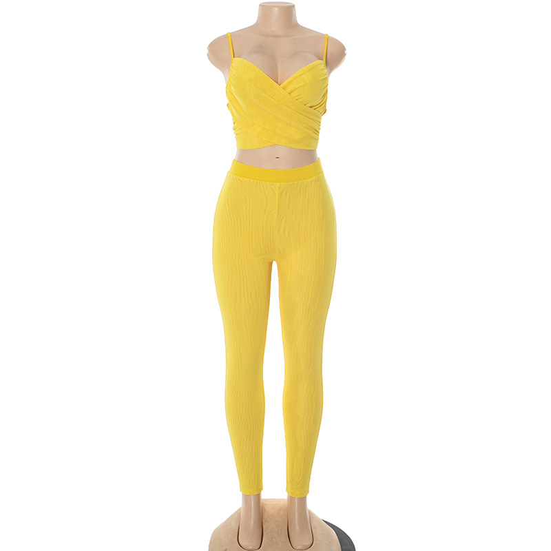 Women's Spring-Summer Hollow Pleated Crop Top Skinny Pants Set