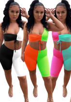 Contrast Color One Shoulder Two Piece Shorts Set Contrast Color One Shoulder Two Piece Shorts Set