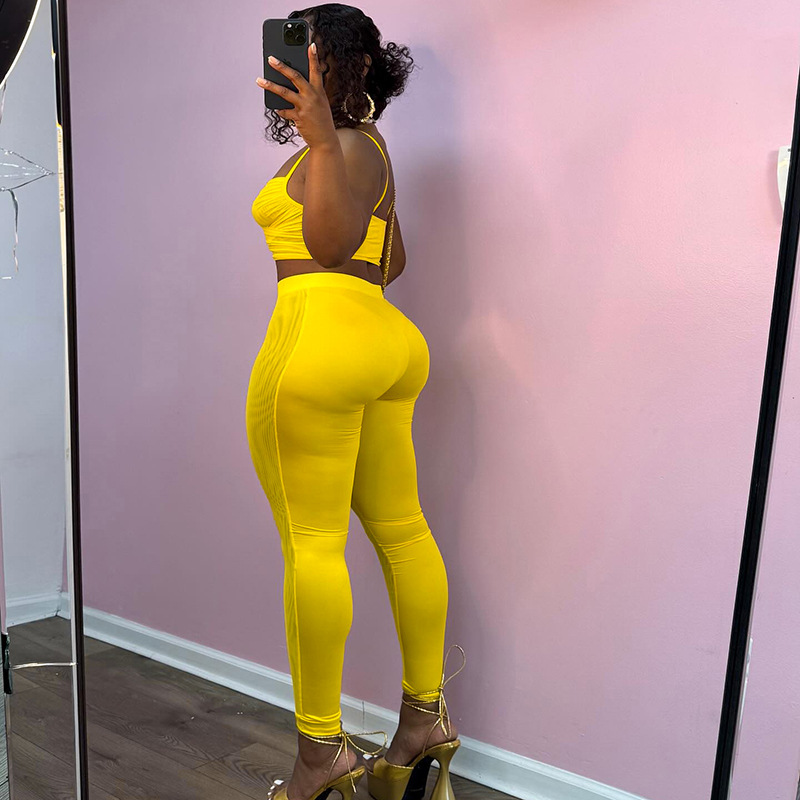 Women's Spring-Summer Hollow Pleated Crop Top Skinny Pants Set