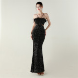 Velvet Sequin Feather Fishtail A-Line Evening Gown