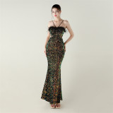 Velvet Sequin Feather Fishtail A-Line Evening Gown