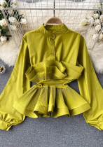 Long Sleeves Slim Waist Ruffled Blouse Long Sleeves Slim Waist Ruffled Blouse