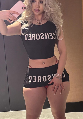Sexy Letter Print Short Skirt and Vest Set