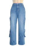 Fashion Light Blue Multi-Pocket Loose Denim Pants