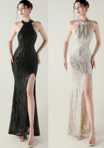 Sequin Beaded Halter Neck High Slit Fishtail Formal Party Dress