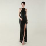 Sequin Beaded Halter Neck High Slit Fishtail Formal Party Dress
