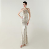 Sequin Beaded Off-Shoulder Halter Fishtail Luxury Party Dress