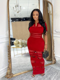 Feminine Mesh Patchwork Turndown Collar Bodycon Dress