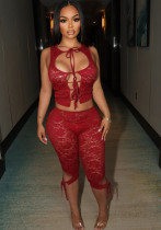 Summer Chic See-Through Lace Camisole with Midi Shorts Two-Piece Set